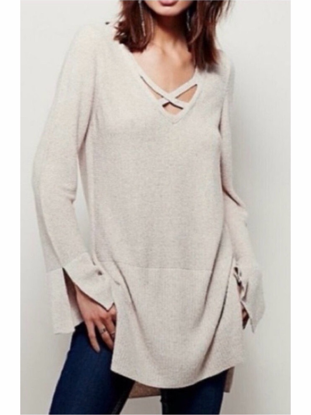 Free People Criss Cross V-Neck Tunic Sweater Tan